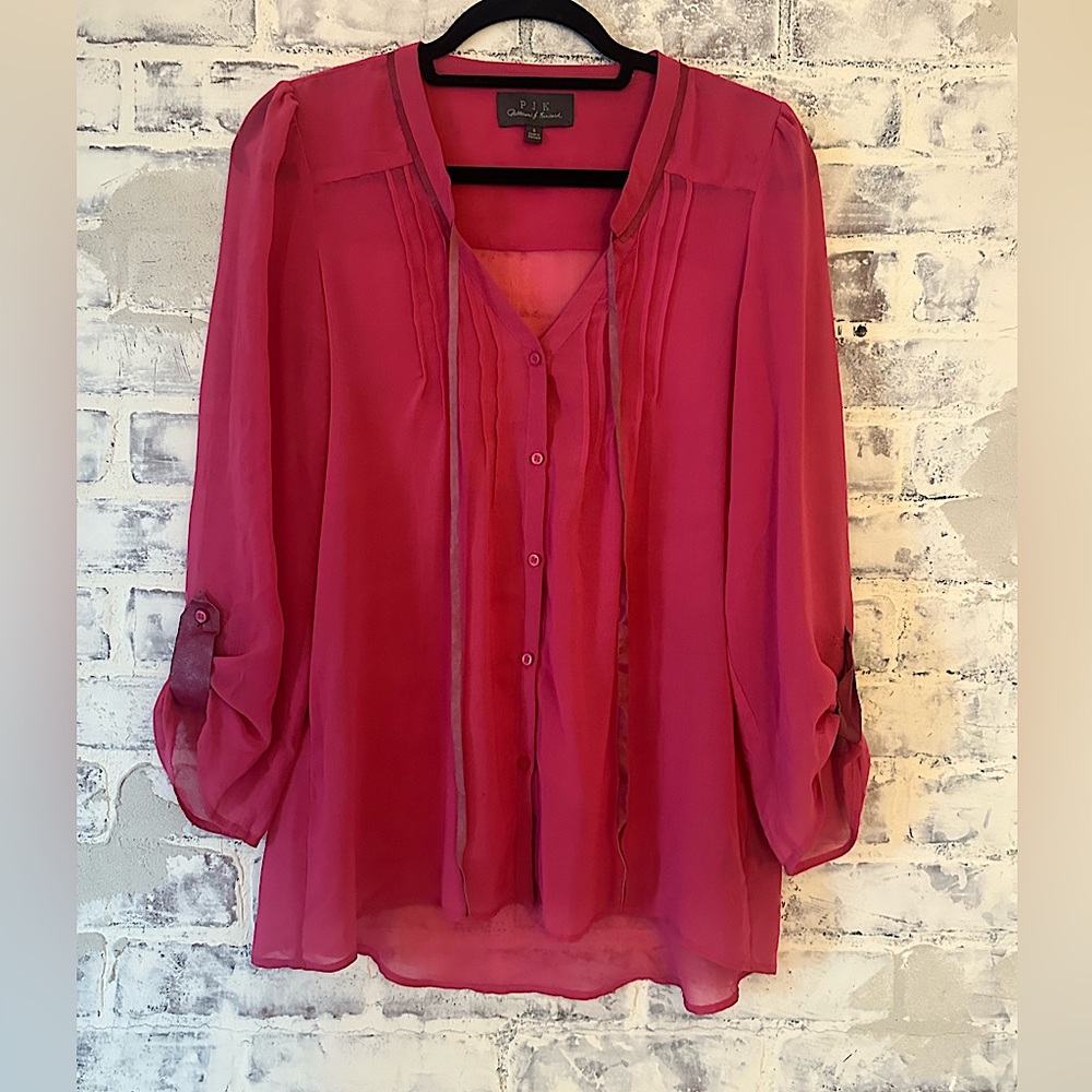 PJK Patterson Kincaid | Sheer Pink Flowy Button Down Blouse - Picture 2 of 7